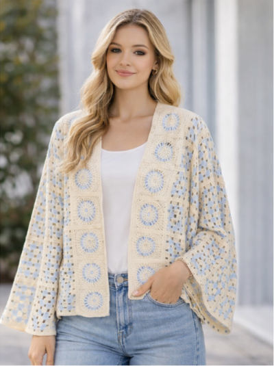 Beautiful Cream & Blue Crochet Long Sleeve Cardigan Granny Cottage Style