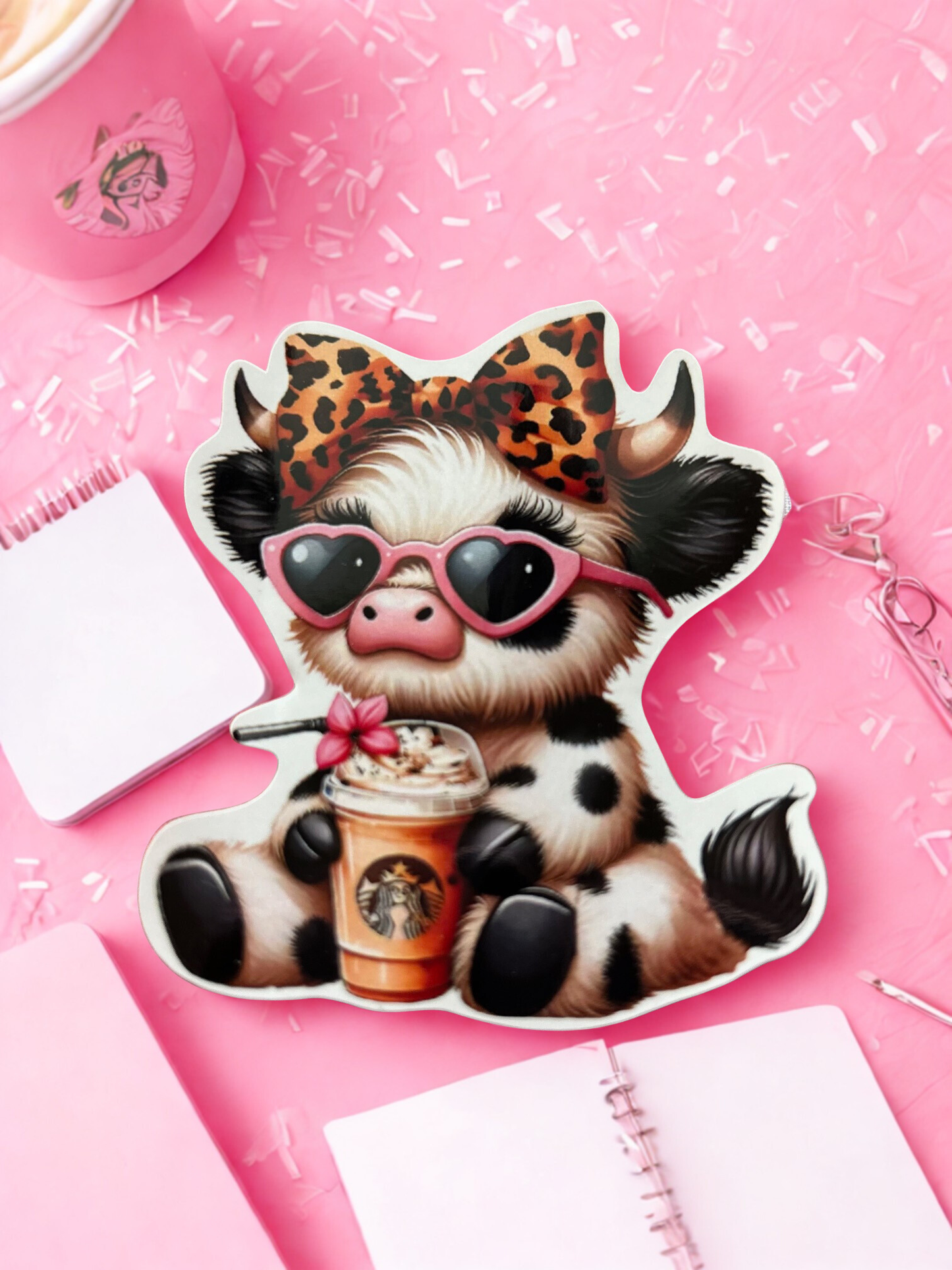 Cute Cow Drinking Iced Coffee Large Vinyl Sticker