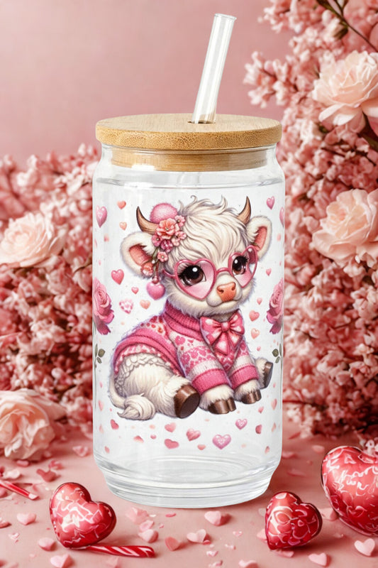 Adorable Highland Cow Love Hearts and Roses Glass Tumbler