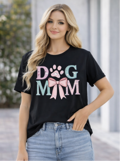 Dog Mom Cute Coquette Pink Bow T Shirt in Black