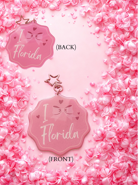 Custom Pink I Love Florida Coquette Bow Large Bag Charm Keychain Sparkly Glitter