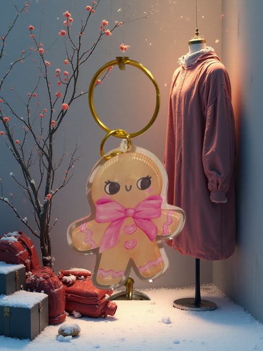 Cute Gingerbread Keychain with Pink Bow Tie Large