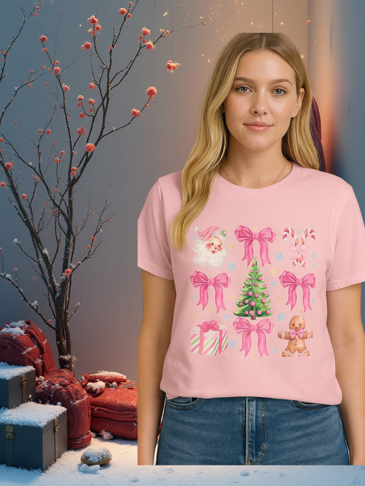 Coquette Christmas T Shirt Pink with Santa and Bows