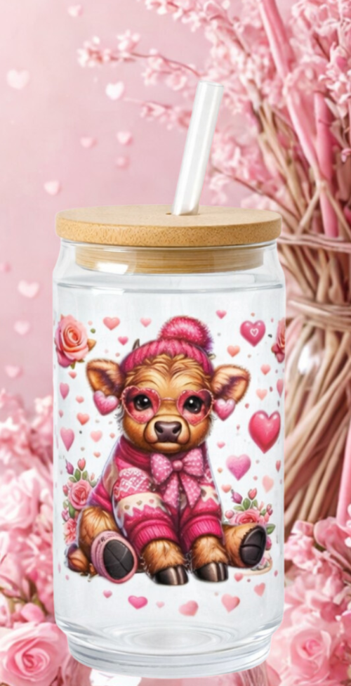 Adorable Highland Cow Love Hearts and Roses Glass Tumbler