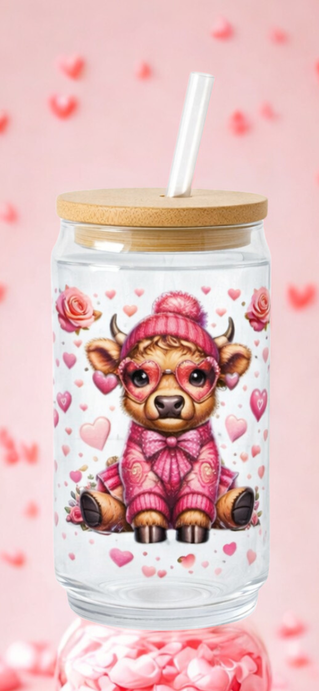 Adorable Highland Cow Love Hearts and Roses Glass Tumbler