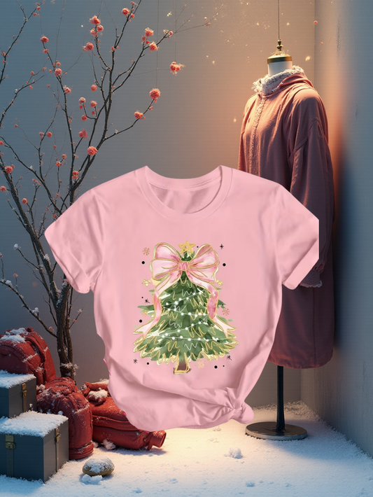 Christmas Tree with Large Pink Bow T Shirt