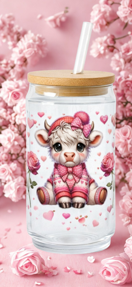 Adorable Highland Cow Love Hearts and Roses Glass Tumbler